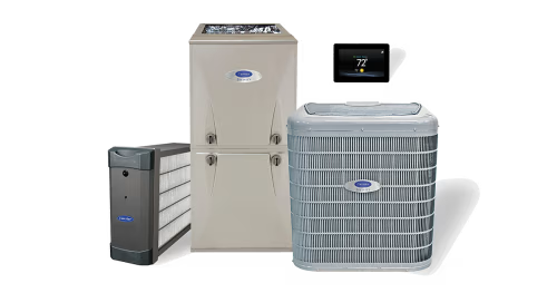 Complete Carrier HVAC system components - heating and air conditioning installation equipment